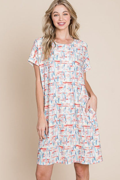 BOMBOM Printed Round Neck Short Sleeve Tee Dress - Bitsy Gypsy Boutique