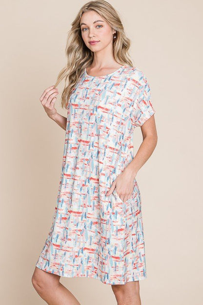 BOMBOM Printed Round Neck Short Sleeve Tee Dress - Bitsy Gypsy Boutique