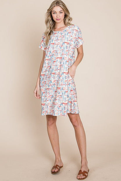 BOMBOM Printed Round Neck Short Sleeve Tee Dress - Bitsy Gypsy Boutique
