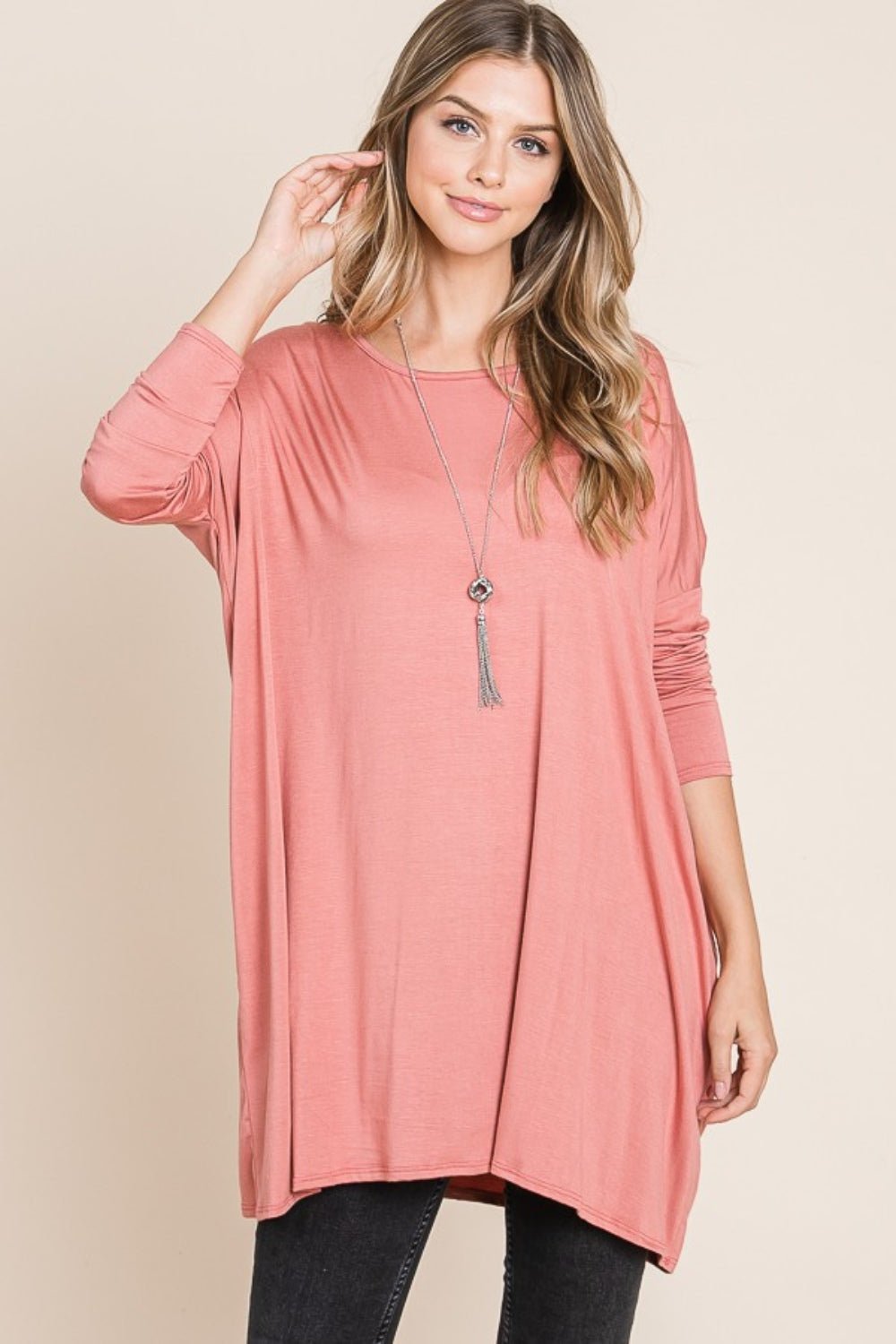 BOMBOM Round Neck Long Sleeve Oversized Top - Bitsy Gypsy Boutique