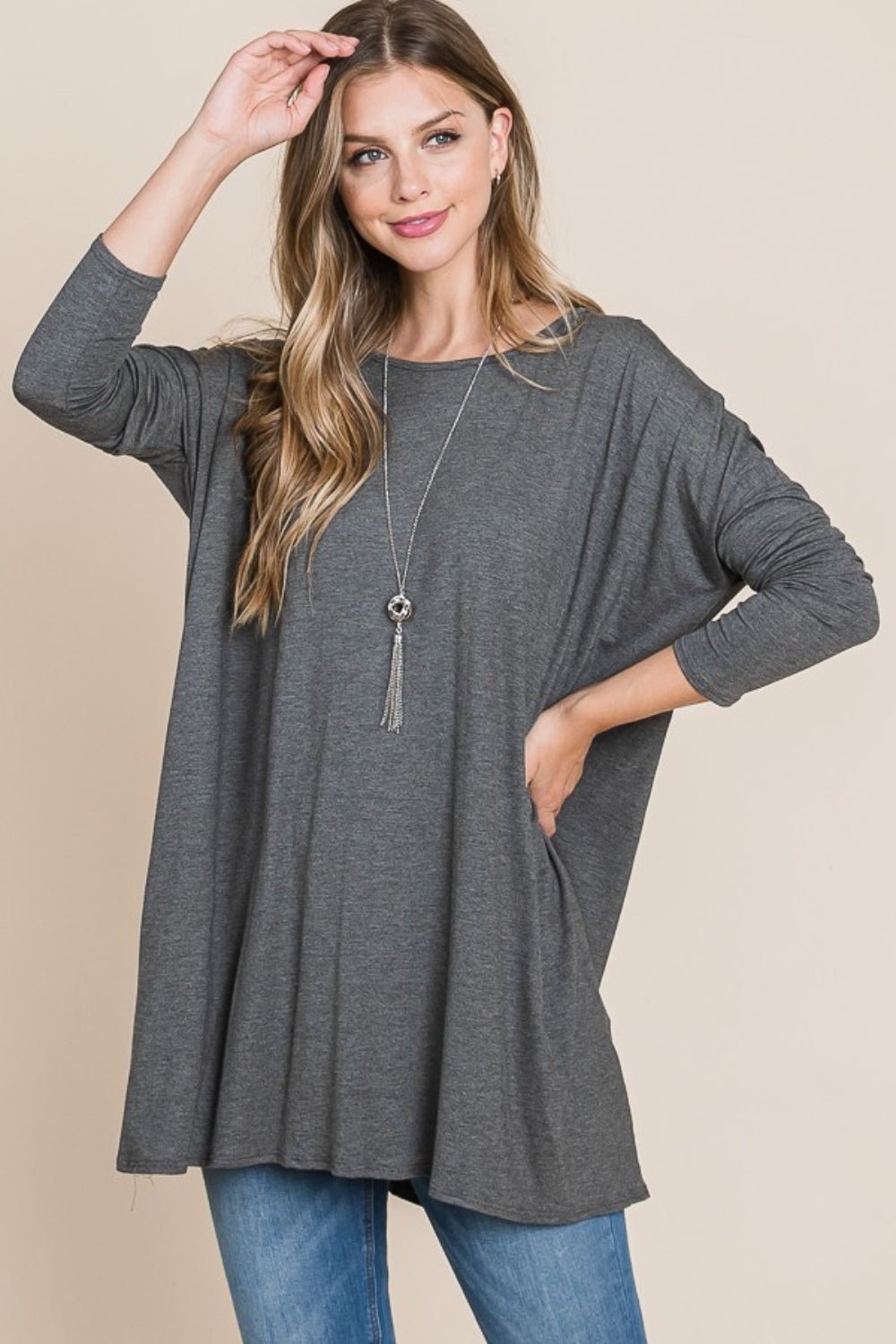 BOMBOM Round Neck Long Sleeve Oversized Top - Bitsy Gypsy Boutique