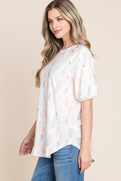 BOMBOM Round Neck Puff Short Sleeve Blouse - Bitsy Gypsy Boutique