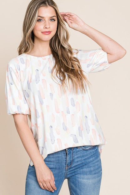 BOMBOM Round Neck Puff Short Sleeve Blouse - Bitsy Gypsy Boutique