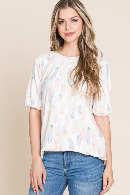 BOMBOM Round Neck Puff Short Sleeve Blouse - Bitsy Gypsy Boutique