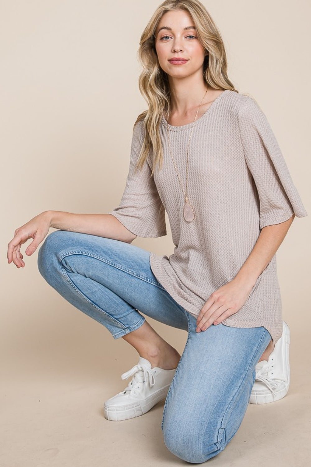 BOMBOM Round Neck Waffle Knit T - Shirt - Bitsy Gypsy Boutique