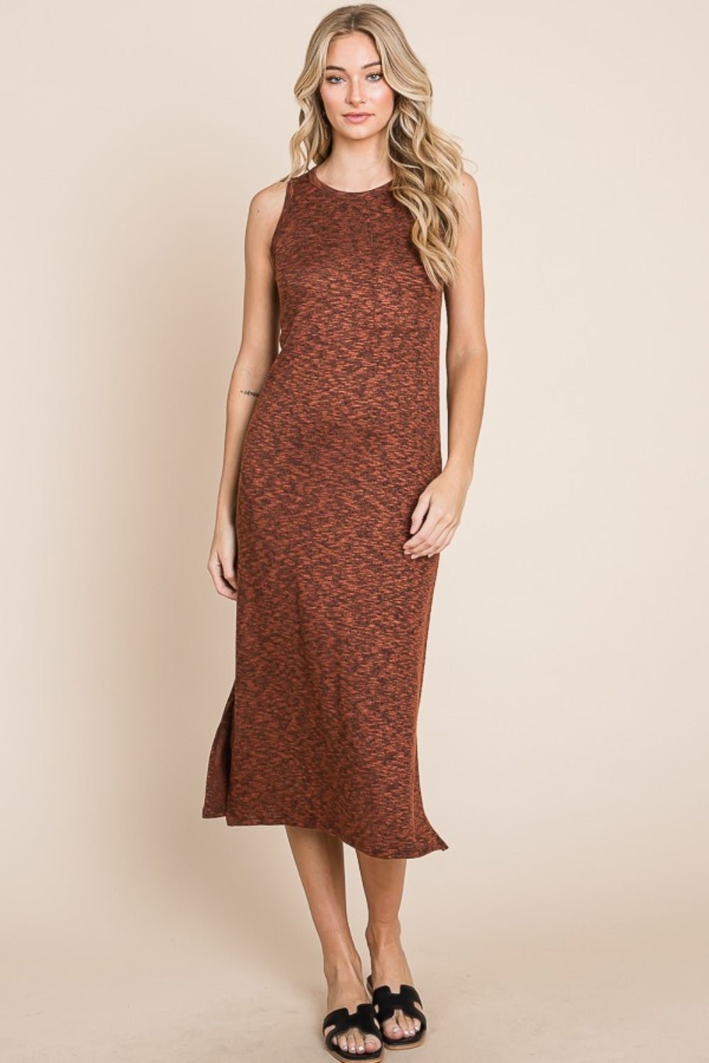 BOMBOM Slit Round Neck Sleeveless Midi Dress - Bitsy Gypsy Boutique