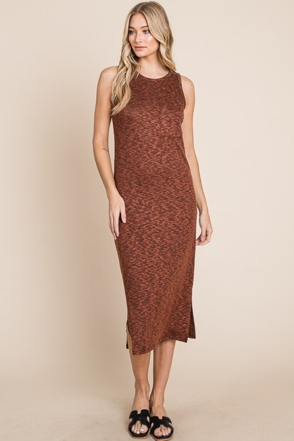 BOMBOM Slit Round Neck Sleeveless Midi Dress - Bitsy Gypsy Boutique