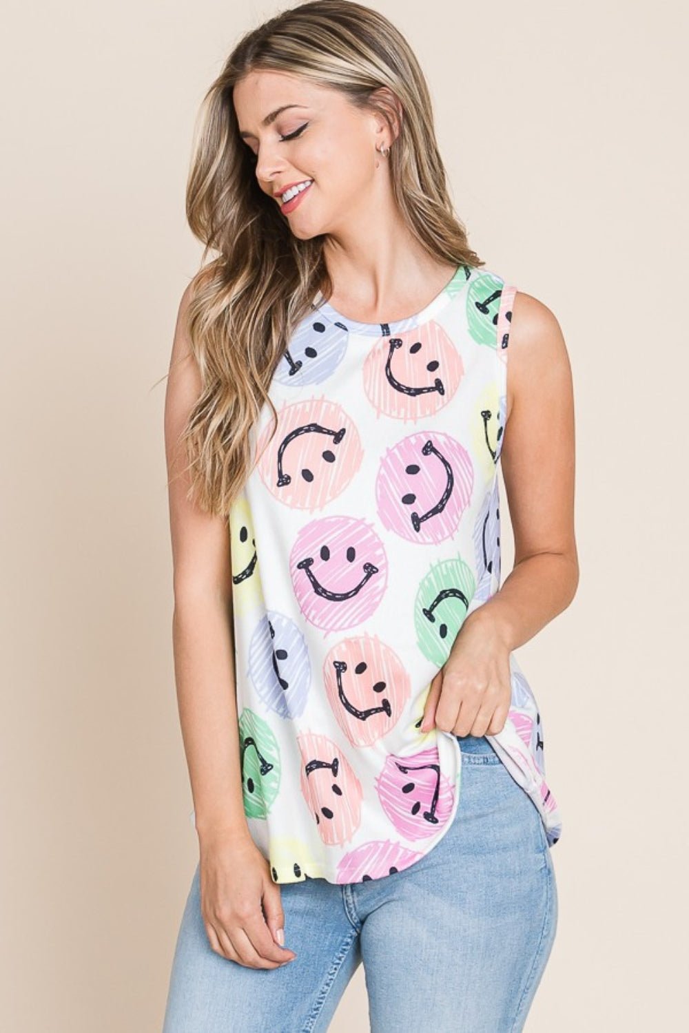 BOMBOM Smiley Face Round Neck Tank - Bitsy Gypsy Boutique