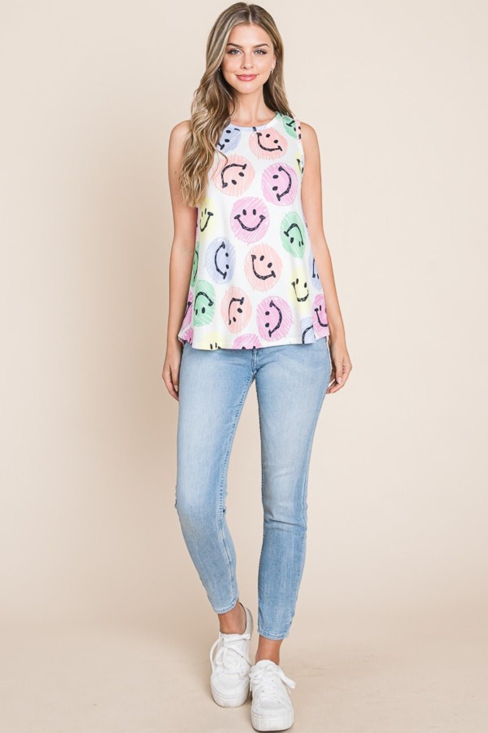 BOMBOM Smiley Face Round Neck Tank - Bitsy Gypsy Boutique