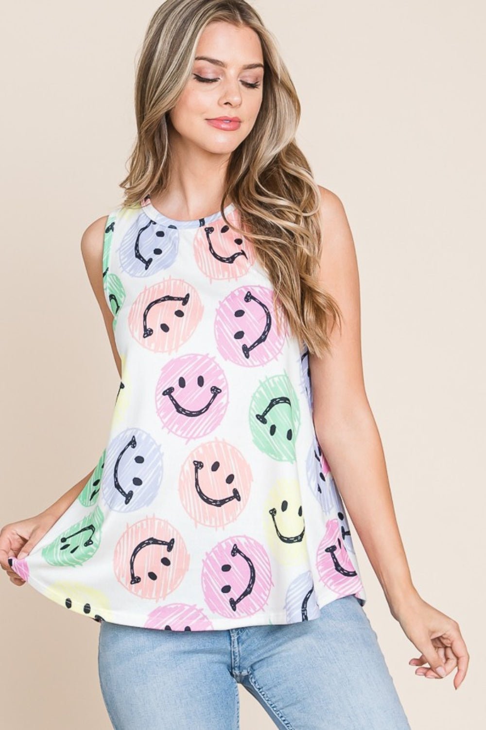 BOMBOM Smiley Face Round Neck Tank - Bitsy Gypsy Boutique