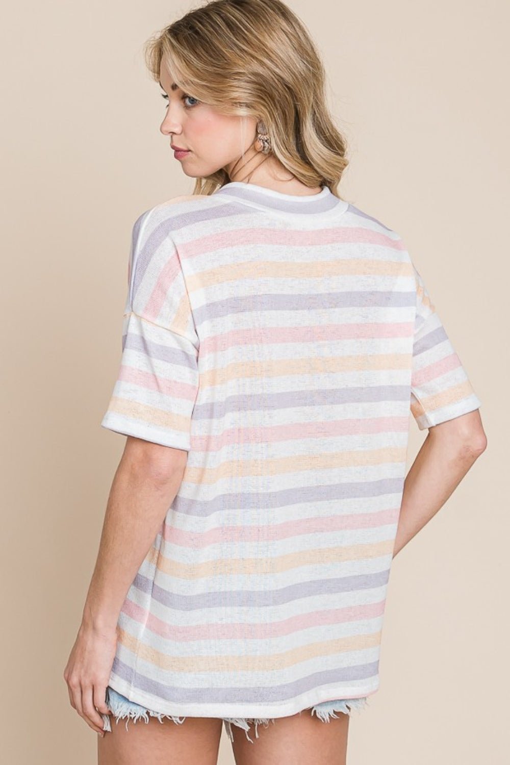 BOMBOM Striped V - Neck Short Sleeve T-Shirt - Bitsy Gypsy Boutique