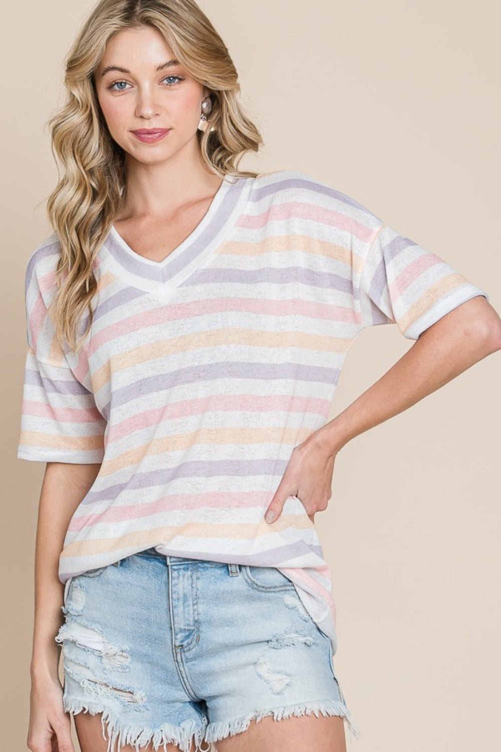 BOMBOM Striped V - Neck Short Sleeve T-Shirt - Bitsy Gypsy Boutique