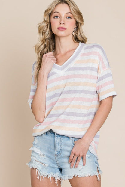 BOMBOM Striped V - Neck Short Sleeve T-Shirt - Bitsy Gypsy Boutique
