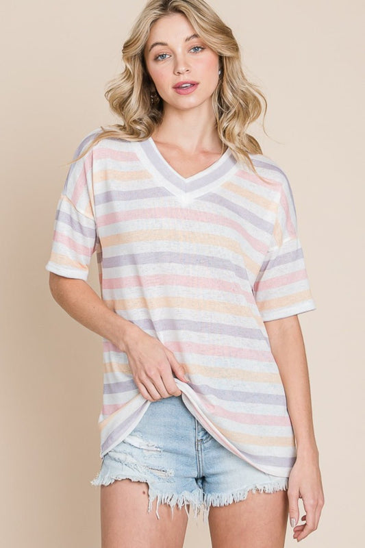 BOMBOM Striped V - Neck Short Sleeve T-Shirt - Bitsy Gypsy Boutique