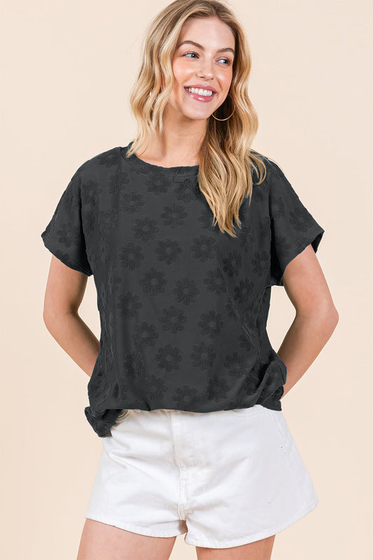 BOMBOM Textured Floral Pattern Short Sleeve T - Shirt - Bitsy Gypsy Boutique