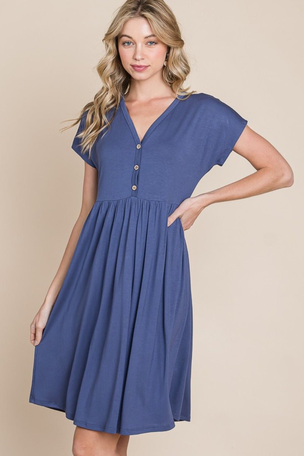 BOMBOM V - Neck Short Sleeve Dress - Bitsy Gypsy Boutique