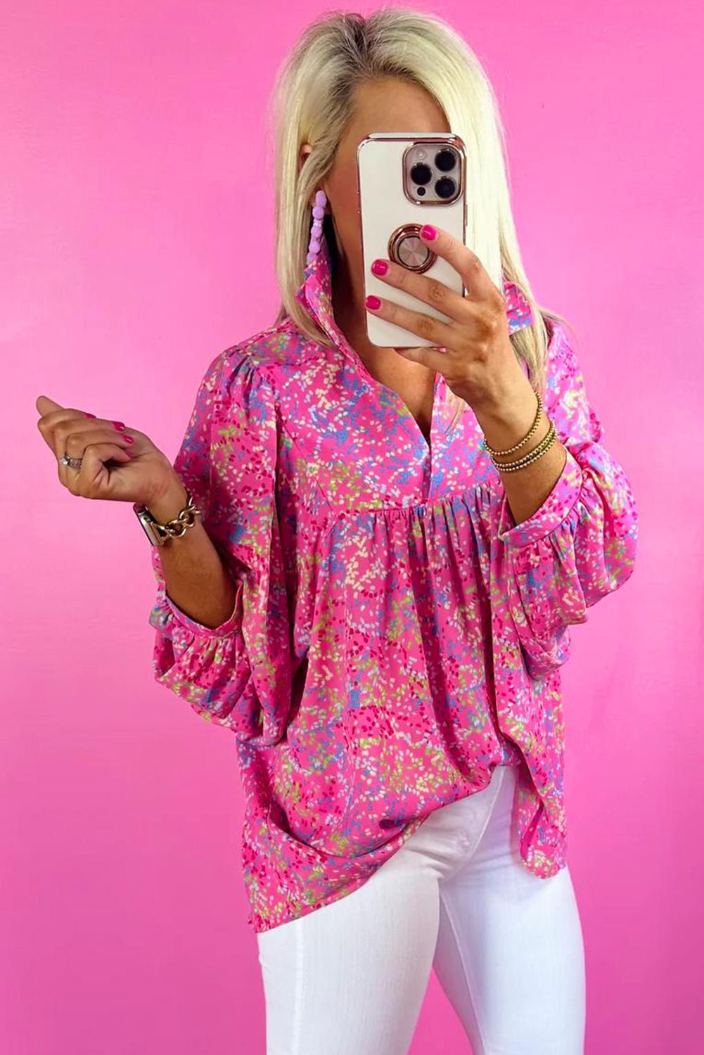 Bonbon Abstract Print Collared V Neck Babydoll Blouse - Bitsy Gypsy Boutique