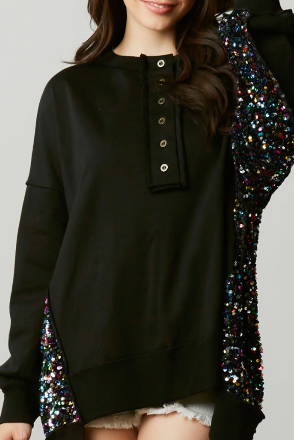 Bonbon Sequin Patchwork High Low Hem Henley Sweatshirt - Bitsy Gypsy Boutique