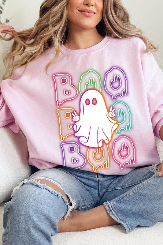 Boo Neon Halloween Ghost Graphic Sweatshirts - Bitsy Gypsy Boutique