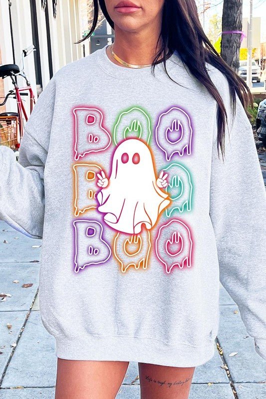 Boo Neon Halloween Ghost Graphic Sweatshirts - Bitsy Gypsy Boutique