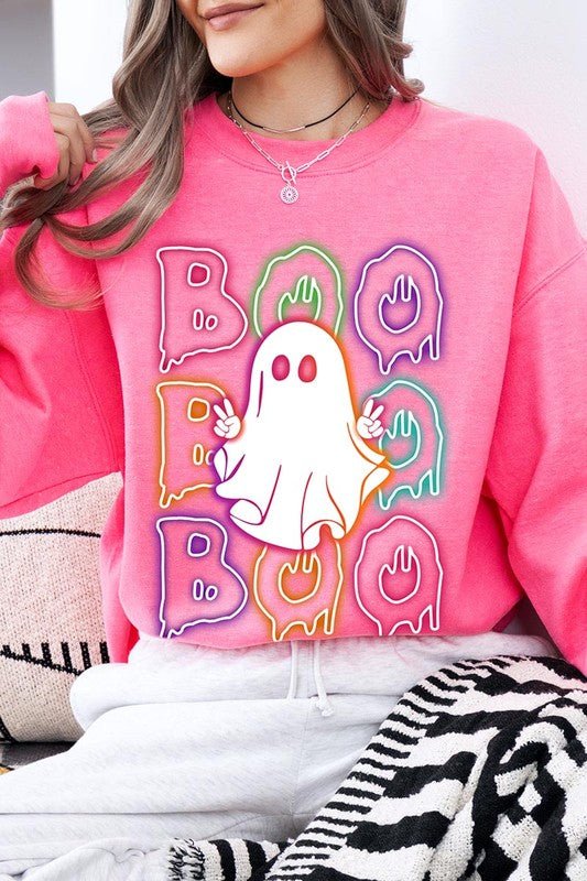 Boo Neon Halloween Ghost Graphic Sweatshirts - Bitsy Gypsy Boutique