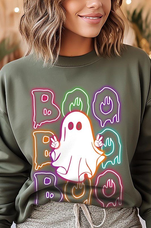 Boo Neon Halloween Ghost Graphic Sweatshirts - Bitsy Gypsy Boutique