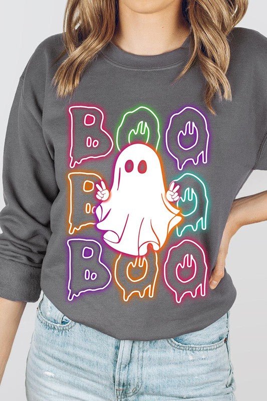 Boo Neon Halloween Ghost Graphic Sweatshirts - Bitsy Gypsy Boutique