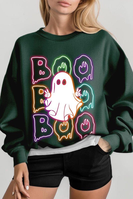 Boo Neon Halloween Ghost Graphic Sweatshirts - Bitsy Gypsy Boutique