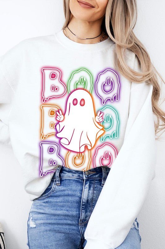 Boo Neon Halloween Ghost Graphic Sweatshirts - Bitsy Gypsy Boutique