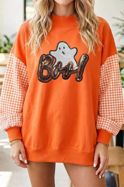 Boo Sequin Ghost Plaid Patchwork Sleeve Halloween Sweatshirt - Bitsy Gypsy Boutique