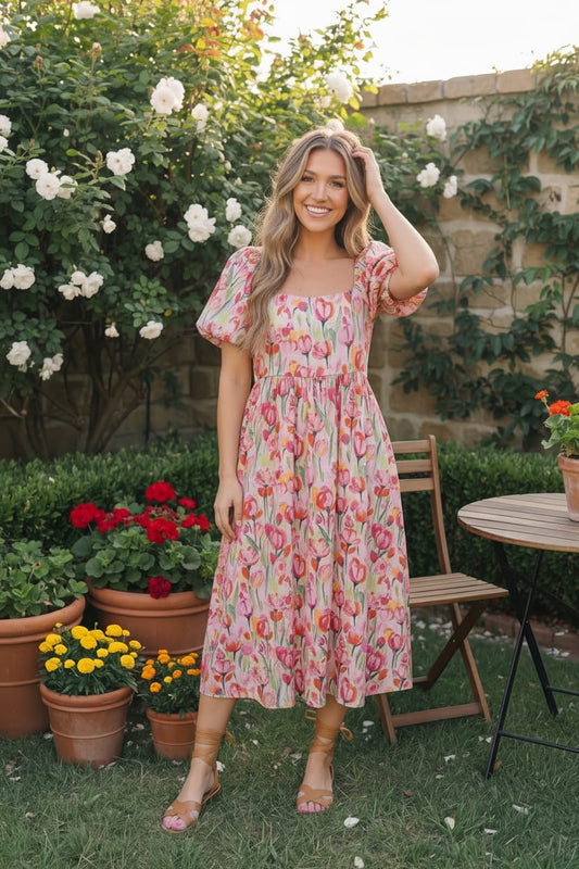 Bouquet of Tulips Pocketed Midi Dress - Bitsy Gypsy Boutique
