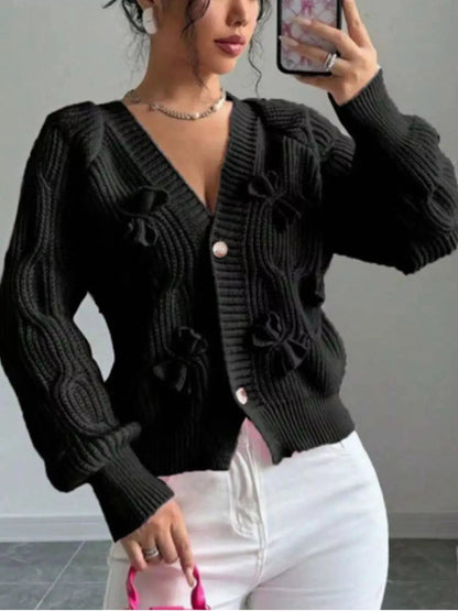 Bow Cable Knit V-Neck Cardigan - Bitsy Gypsy Boutique