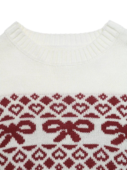 Bow Pattern Long Sleeve Crew Neck Christmas Sweater - Bitsy Gypsy Boutique