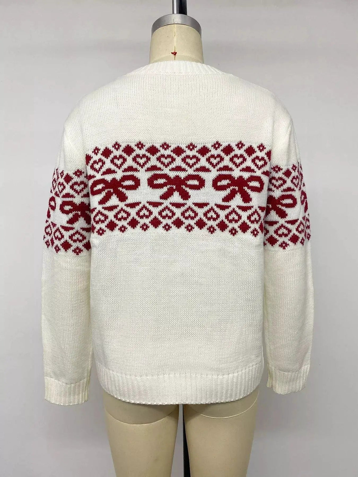 Bow Pattern Long Sleeve Crew Neck Christmas Sweater - Bitsy Gypsy Boutique
