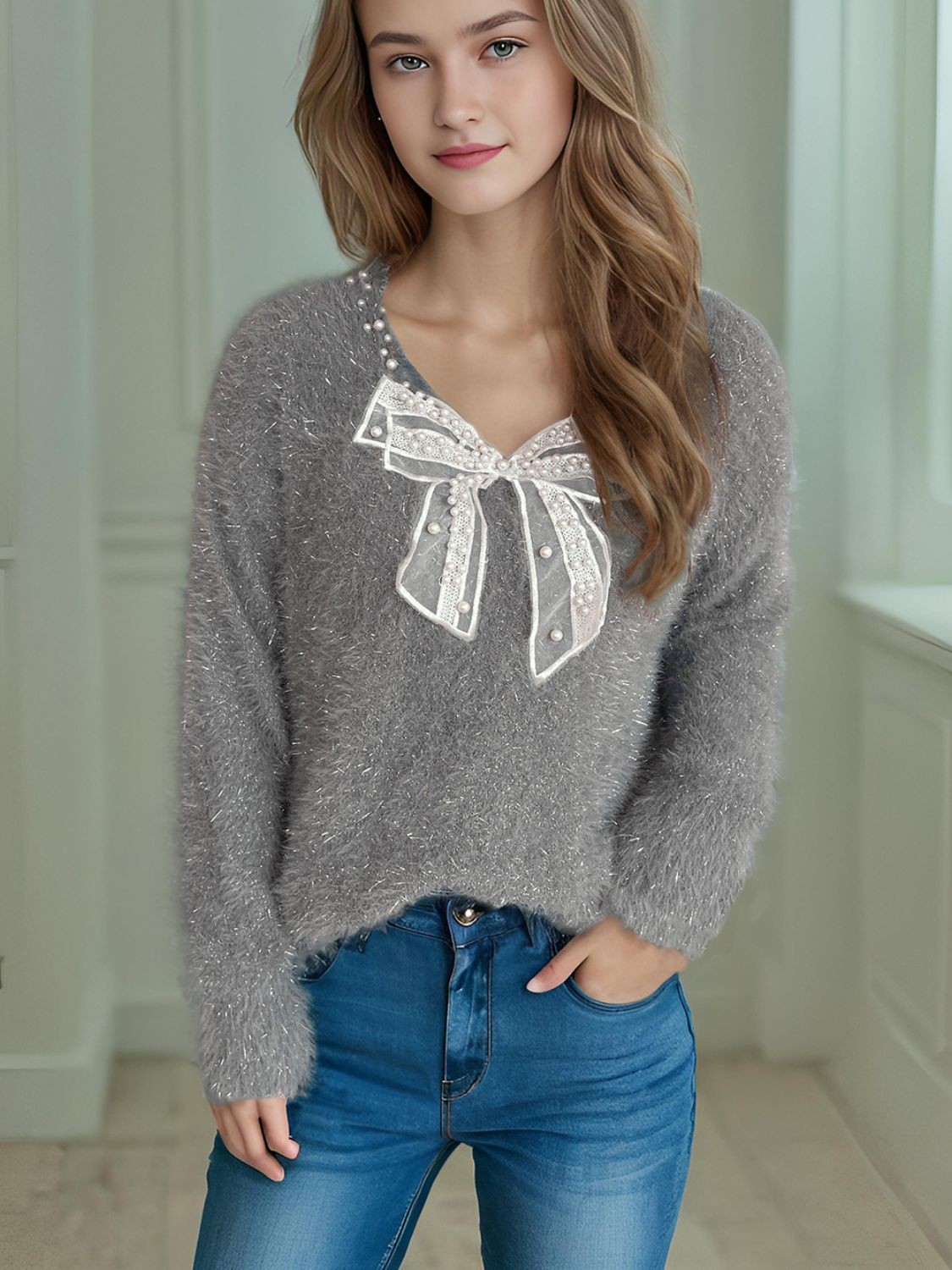 Bow Pearl Detail V - Neck Long Sleeve Sweater - Bitsy Gypsy Boutique