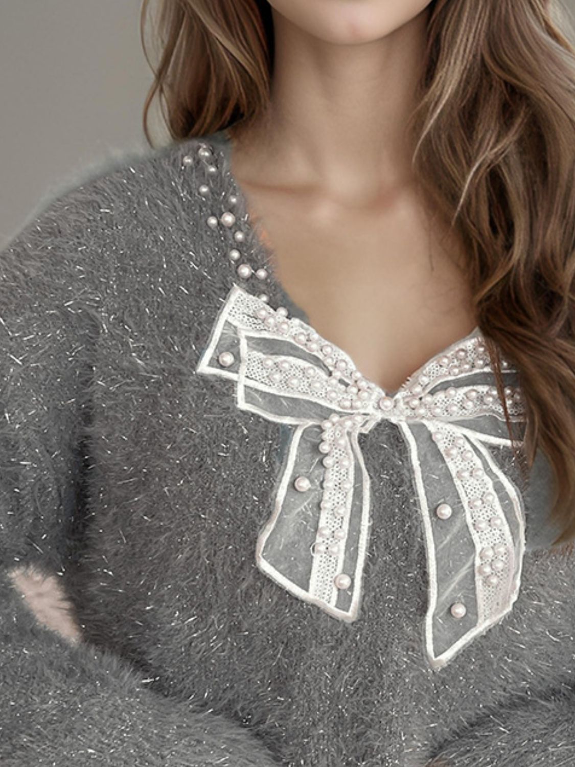 Bow Pearl Detail V - Neck Long Sleeve Sweater - Bitsy Gypsy Boutique