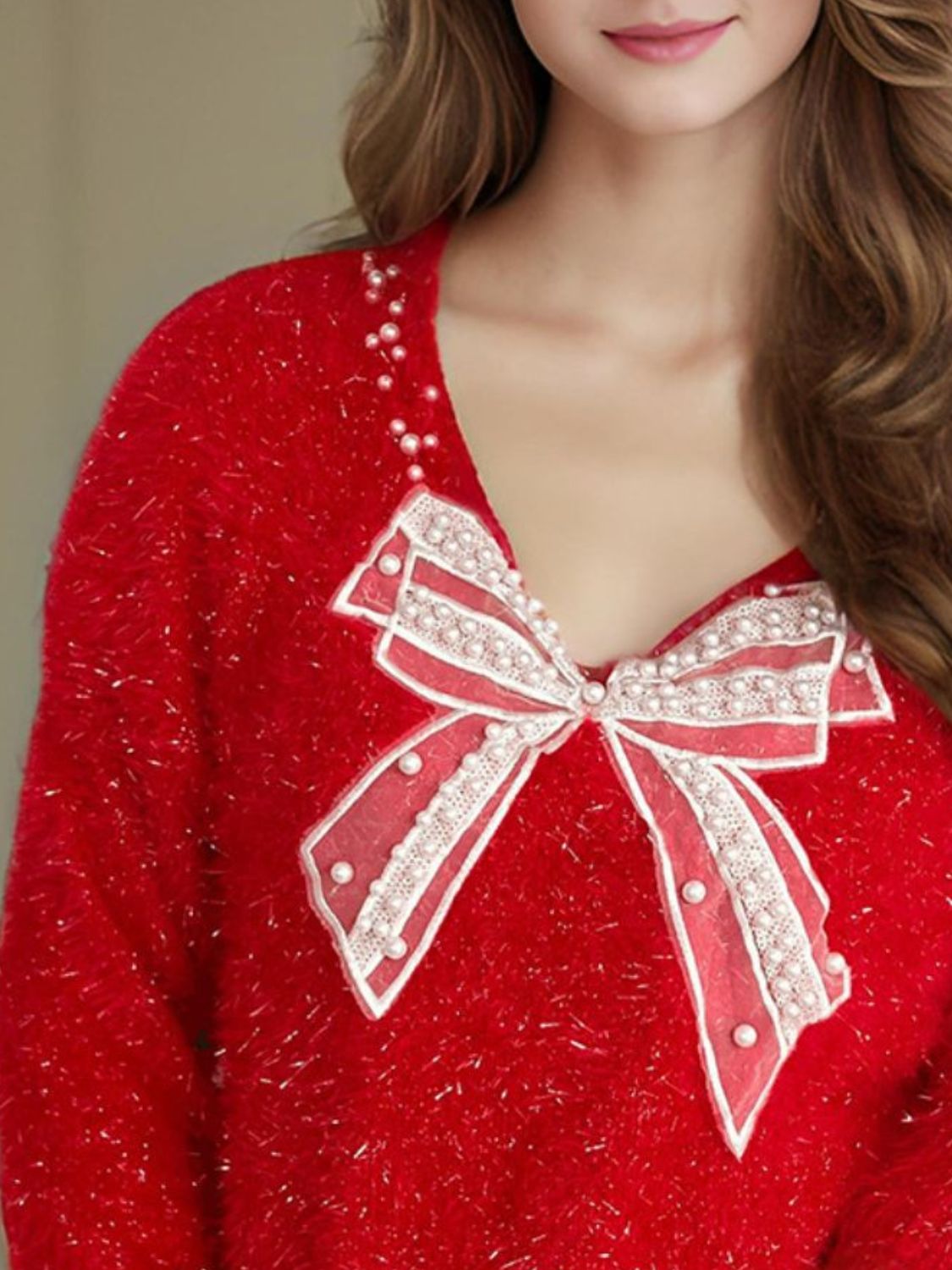 Bow Pearl Detail V - Neck Long Sleeve Sweater - Bitsy Gypsy Boutique