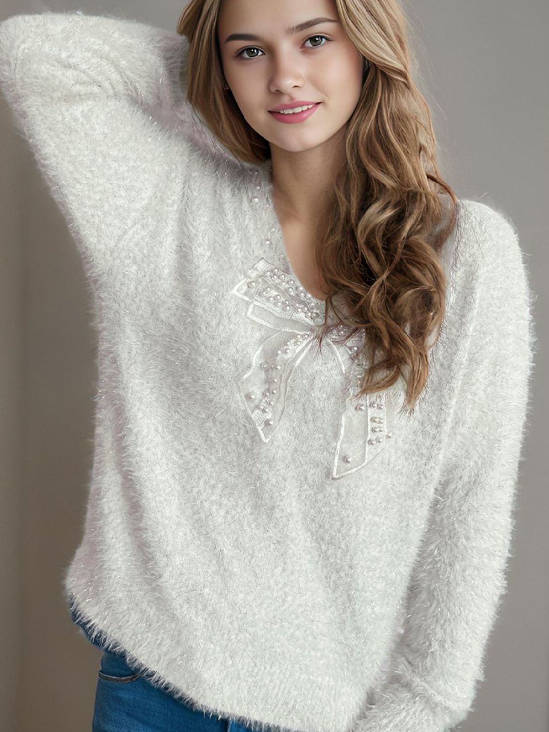 Bow Pearl Detail V - Neck Long Sleeve Sweater - Bitsy Gypsy Boutique