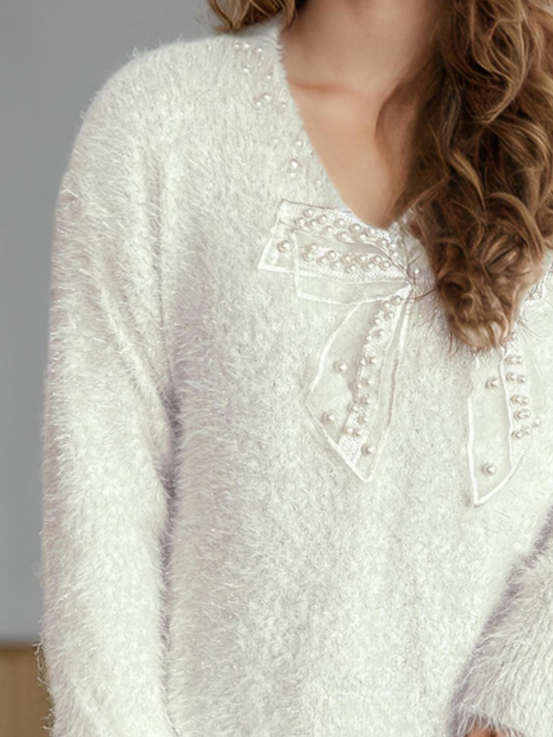 Bow Pearl Detail V - Neck Long Sleeve Sweater - Bitsy Gypsy Boutique