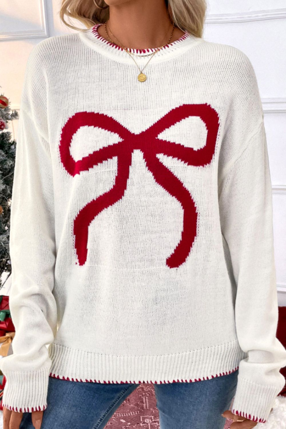 Bow Round Neck Drop Shoulder Sweater - Bitsy Gypsy Boutique