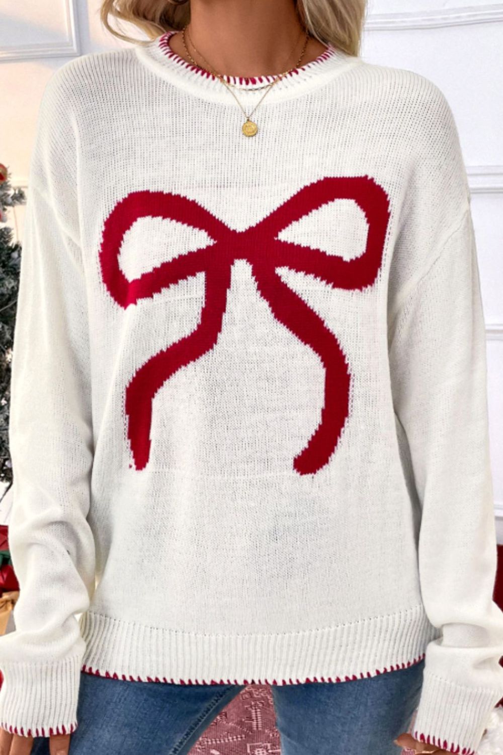 Bow Round Neck Drop Shoulder Sweater - Bitsy Gypsy Boutique