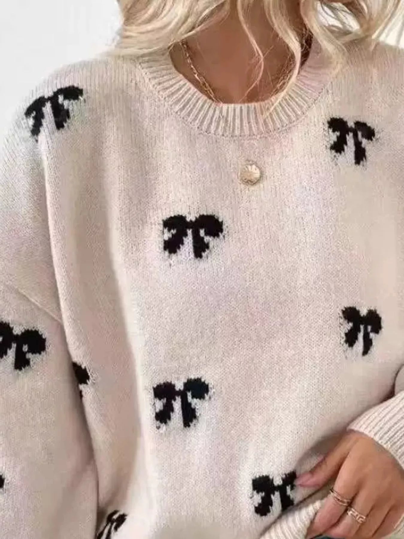 Bow Round Neck Dropped Shoulder Sweater - Bitsy Gypsy Boutique
