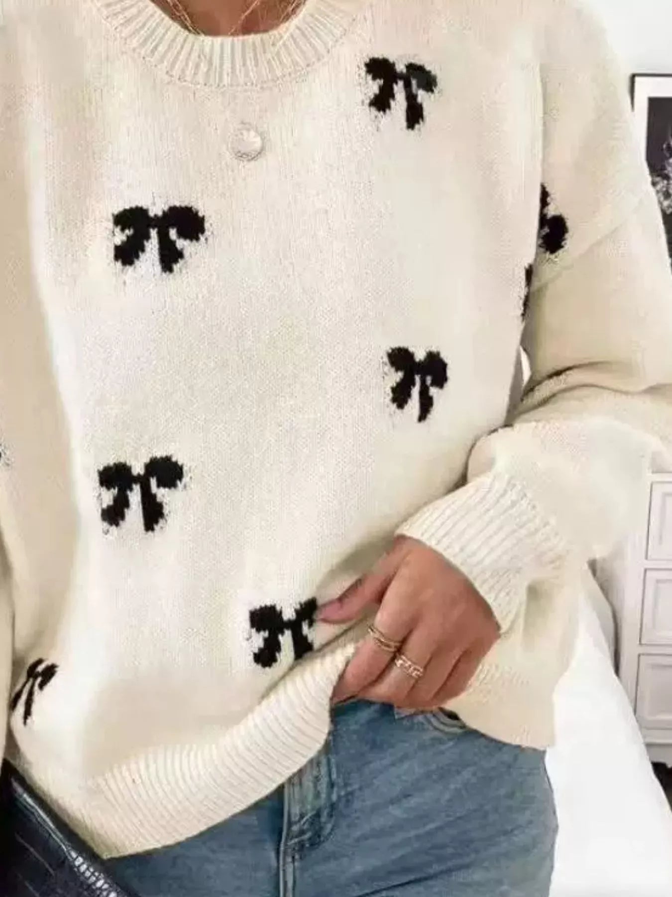 Bow Round Neck Dropped Shoulder Sweater - Bitsy Gypsy Boutique