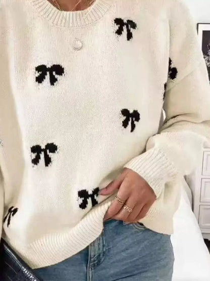 Bow Round Neck Dropped Shoulder Sweater - Bitsy Gypsy Boutique