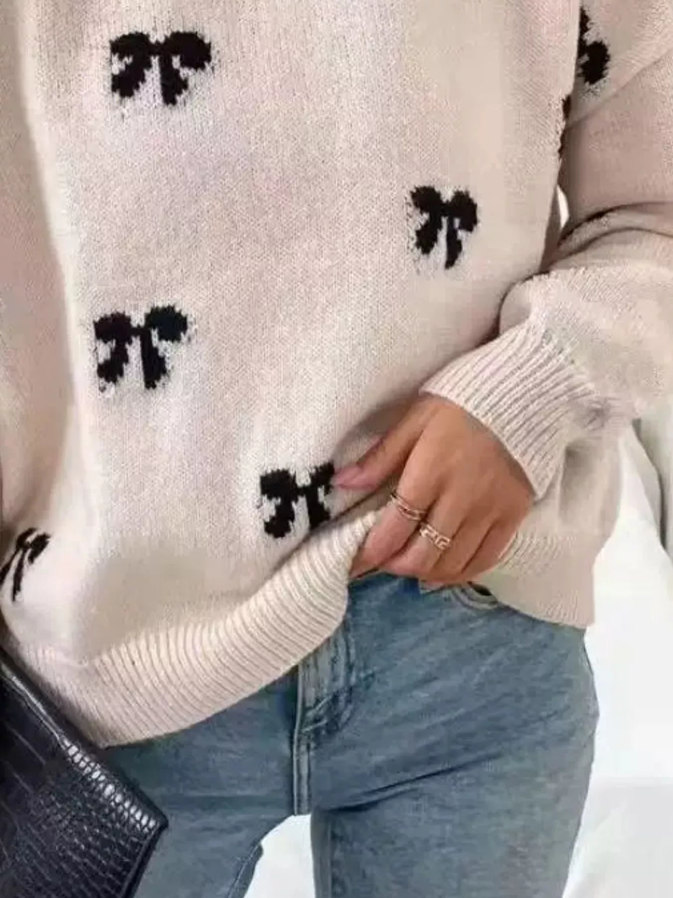 Bow Round Neck Dropped Shoulder Sweater - Bitsy Gypsy Boutique