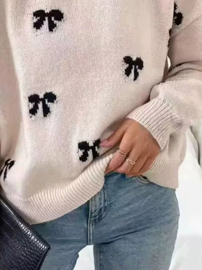 Bow Round Neck Dropped Shoulder Sweater - Bitsy Gypsy Boutique