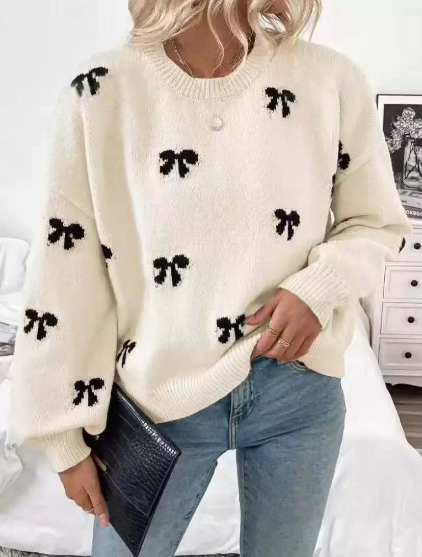 Bow Round Neck Dropped Shoulder Sweater - Bitsy Gypsy Boutique