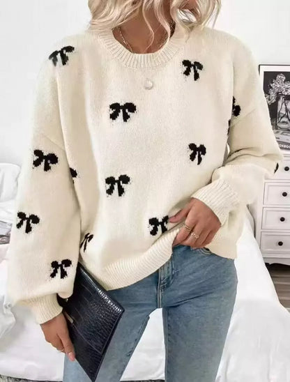 Bow Round Neck Dropped Shoulder Sweater - Bitsy Gypsy Boutique