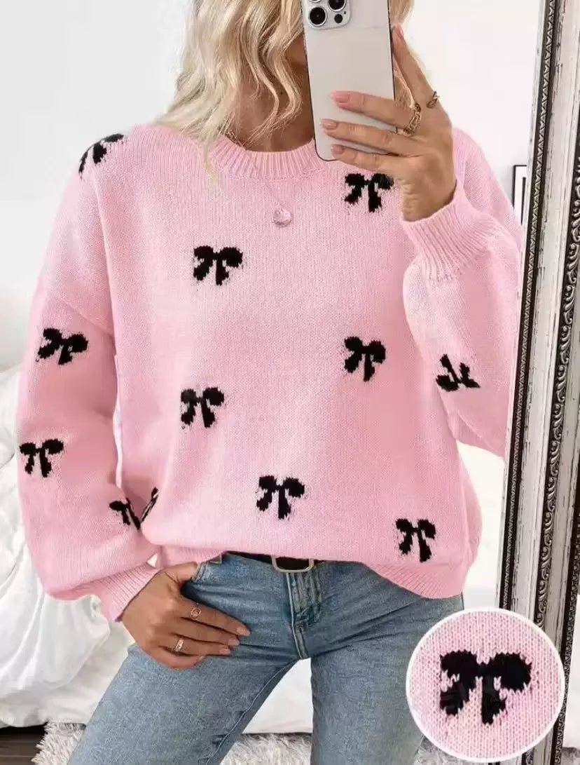 Bow Round Neck Dropped Shoulder Sweater - Bitsy Gypsy Boutique