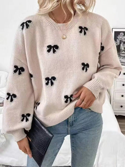 Bow Round Neck Dropped Shoulder Sweater - Bitsy Gypsy Boutique